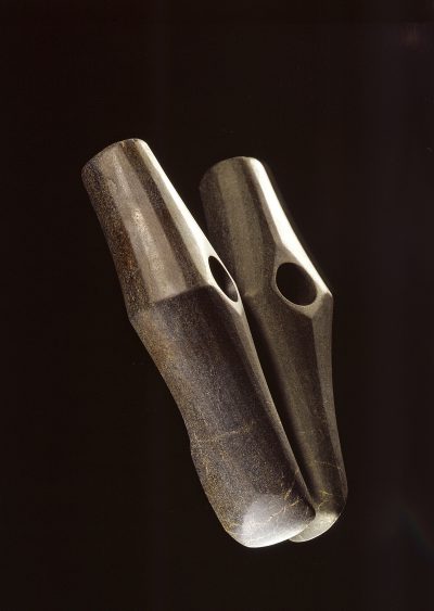 Battleaxe with a drilled shaft hole.