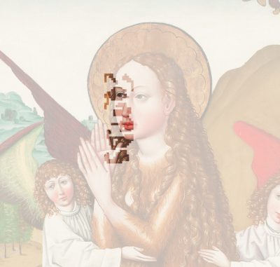 Bildausschnitt der Heiligen Maria Magdalena mit der Andeutung der Merce-Tafeln.