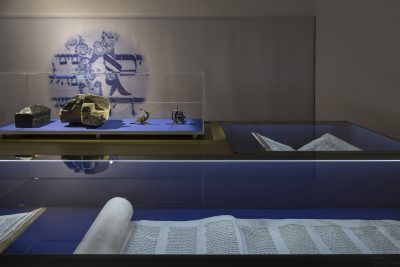 Ausstellungsraum mit Vitrinen, in denen Schriften und Objekte ausgestellt sind.
