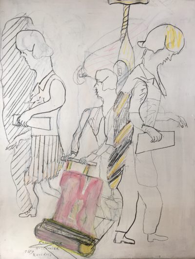 Dargestellt sind drei menschliche Figuren, von denen zwei jeweils ein Brett in den Händen halten. Die Figur in der Mitte hält sich mit ihren Händen an einem Gerät fest.