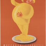 Plakat: Vor einem roten Hintergrund steht ein Mann, der aus gelber Pasta besteht, auf einem weißen Teller. Er isst Nudeln von einer Gabel.