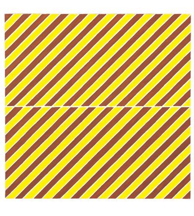 Gemälde: Gleichförmige Farbstreifen in gelb und braun laufen parallel zueinander in diagonaler Richtung in einer quadratischen Grundform.