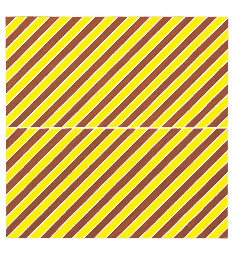 Gemälde: Gleich große Streifen in gelb und braun verlaufen parallel zueinander in diagonaler Richtung in einer quadratischen Grundform.