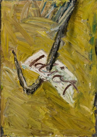 Gemälde: Auf einem ockergelben Hintergrund durchbohrt ein schwarzer Metallhaken ein weißes Stück Papier, auf dem das Wort Idiot steht