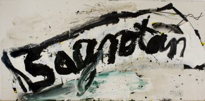 Gemälde: Auf einem weißen Hintergrund steht in schwarzer Schrift das Wort Sagrotan, umrandet mit einem schwarzen Rahmen