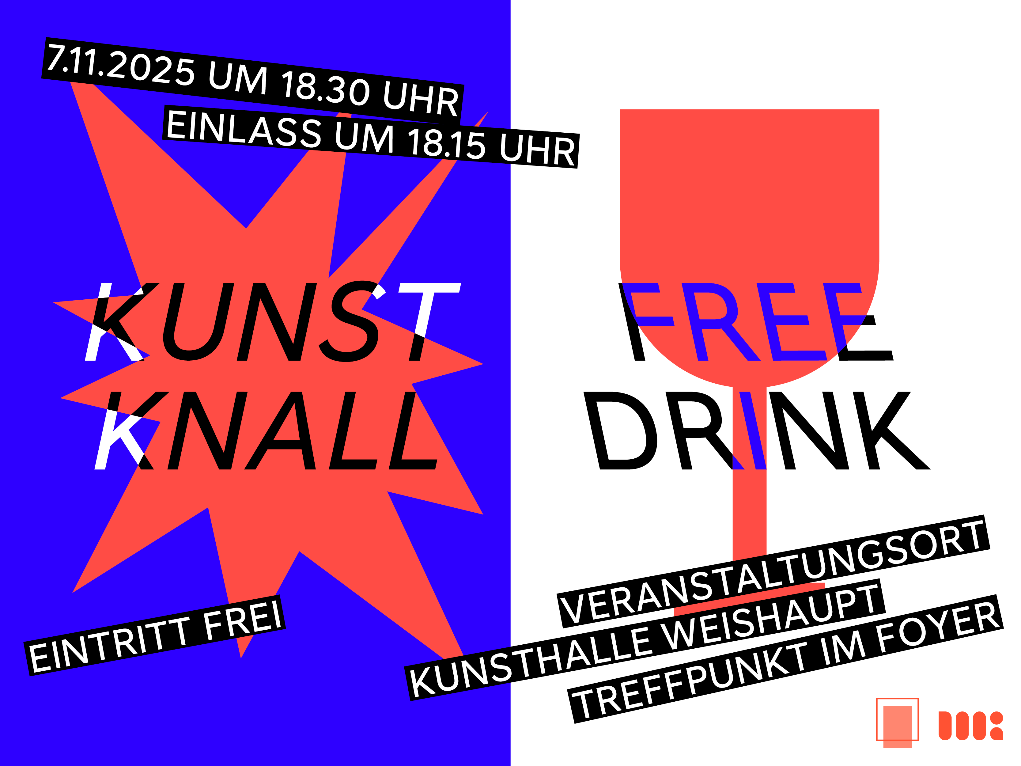 Grafik: ein Rechteck ist in der Mitte vertikal geteilt. Links auf blauem Grund ein stilisierter Knall in Rot, rechts auf weißem Grund ein stilisiertes Weinglas in rot