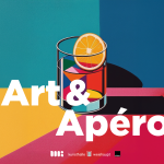 Grafik: Vor einem Hintergrund in türkis und blau steht ein Glas mit einer Orangenschale auf einem Tisch in orange und pink