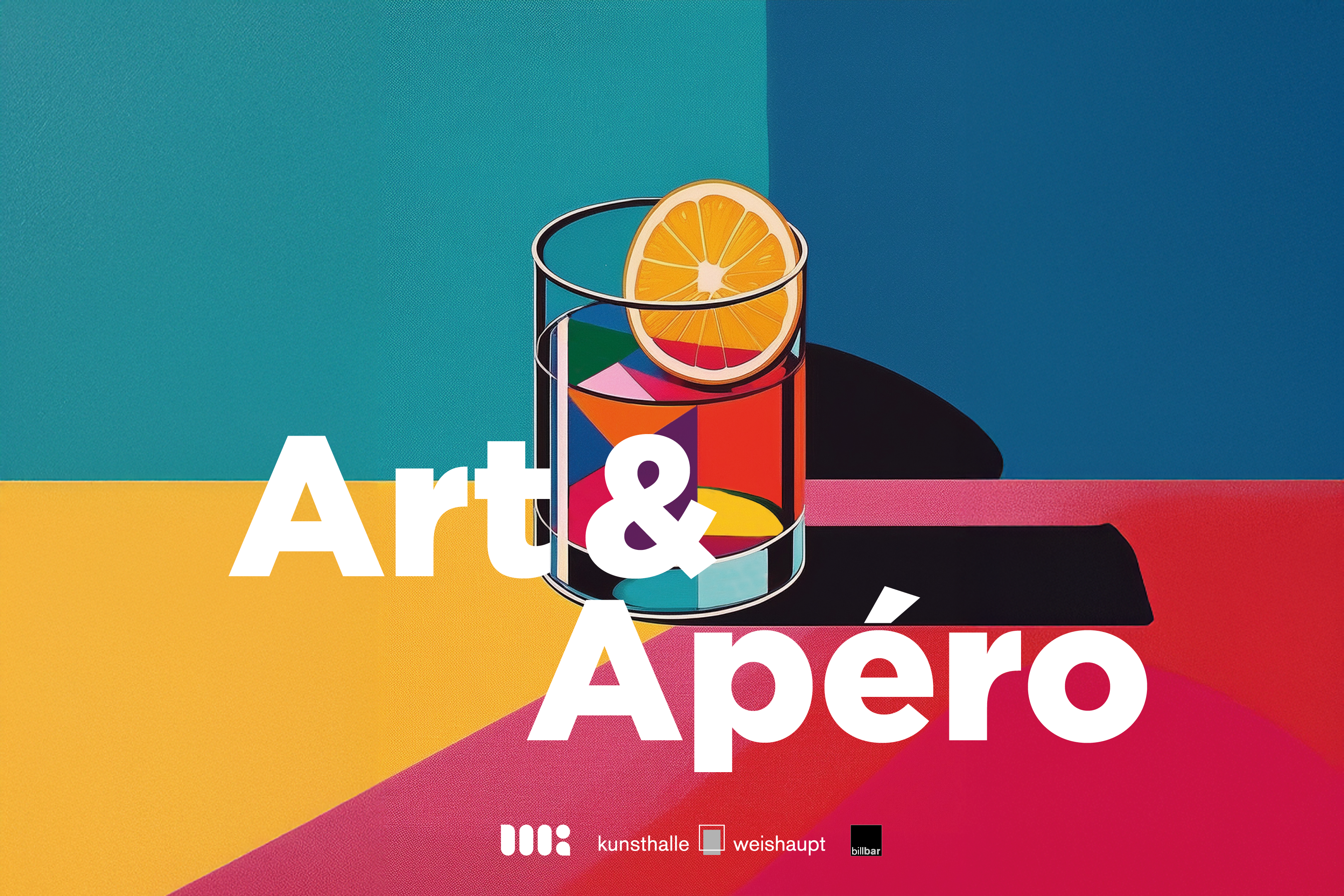 Grafik: Vor einem Hintergrund in türkis und blau steht ein Glas mit einer Orangenschale auf einem Tisch in orange und pink