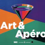 Grafik: Vor einem Hintergrund in blau, orange und grün ein stilisiertes Martini-Glas, gefüllt mit Flüssigkeit. Text: Art & Apéro