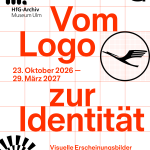 Grafik: Vor einem weißen Hintergrund ist ein rotes Raster platziert. Darauf sind in schwarz verschiedene Logos platziert. Der Text lautet: Vom Logo zur Identität