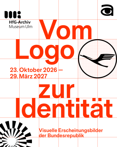 Grafik: Vor einem weißen Hintergrund ist ein rotes Raster platziert. Darauf sind in schwarz verschiedene Logos platziert. Der Text lautet: Vom Logo zur Identität