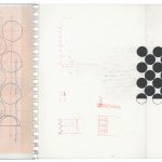 Zweiseitige Skizzenzeichnung mit geometrischen Kreisen und halbkreisförmigen Füllungen sowie handschriftlichen Notizen und Diagrammen.